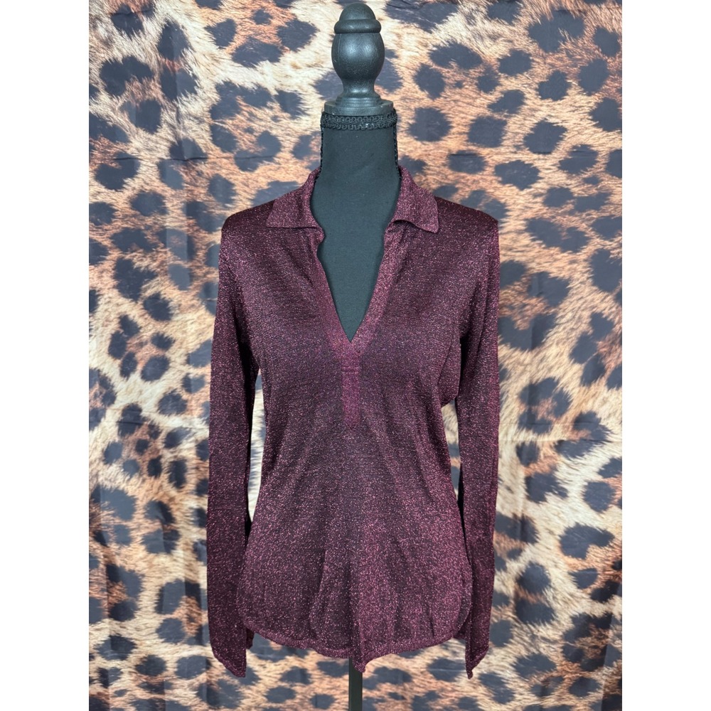 Vintage 90s Burgundy Metallic Knit Long Sleeve V-Neck Collared Top